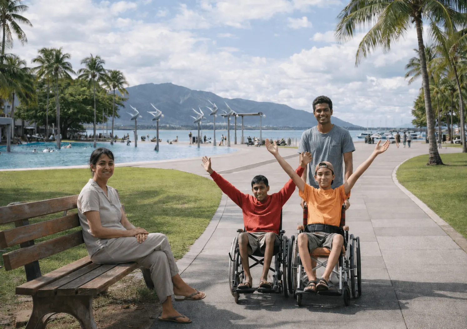 A family enjoying a sunny day together along the Cairns Esplanade with the lagoon and mountains in the background.